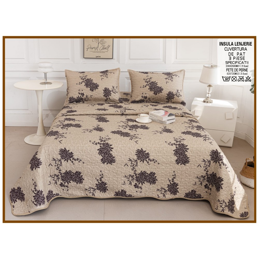 Cuvertura cu DOUĂ FEȚE pentru pat dublu din Bumbac Satinat cu model, Matlasata, 230x250cm, CVT79 Cuverturi matlasate 3 piese