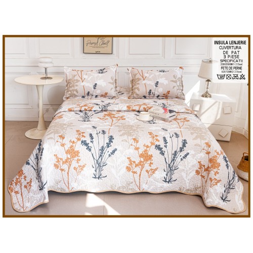 Cuvertura cu DOUĂ FEȚE pentru pat dublu din Bumbac Satinat cu model, Matlasata, 230x250cm, CVT80