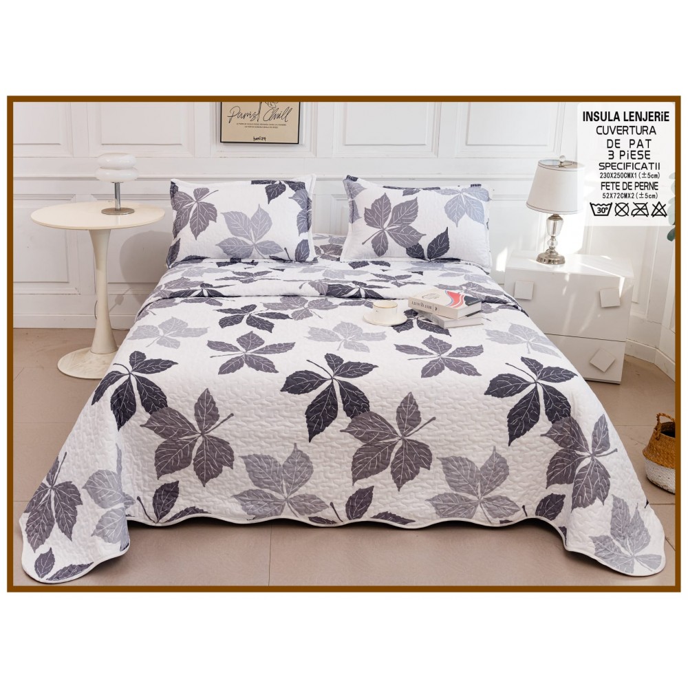 Cuvertura cu DOUĂ FEȚE pentru pat dublu din Bumbac Satinat cu model, Matlasata, 230x250cm, CVT81 Cuverturi matlasate 3 piese