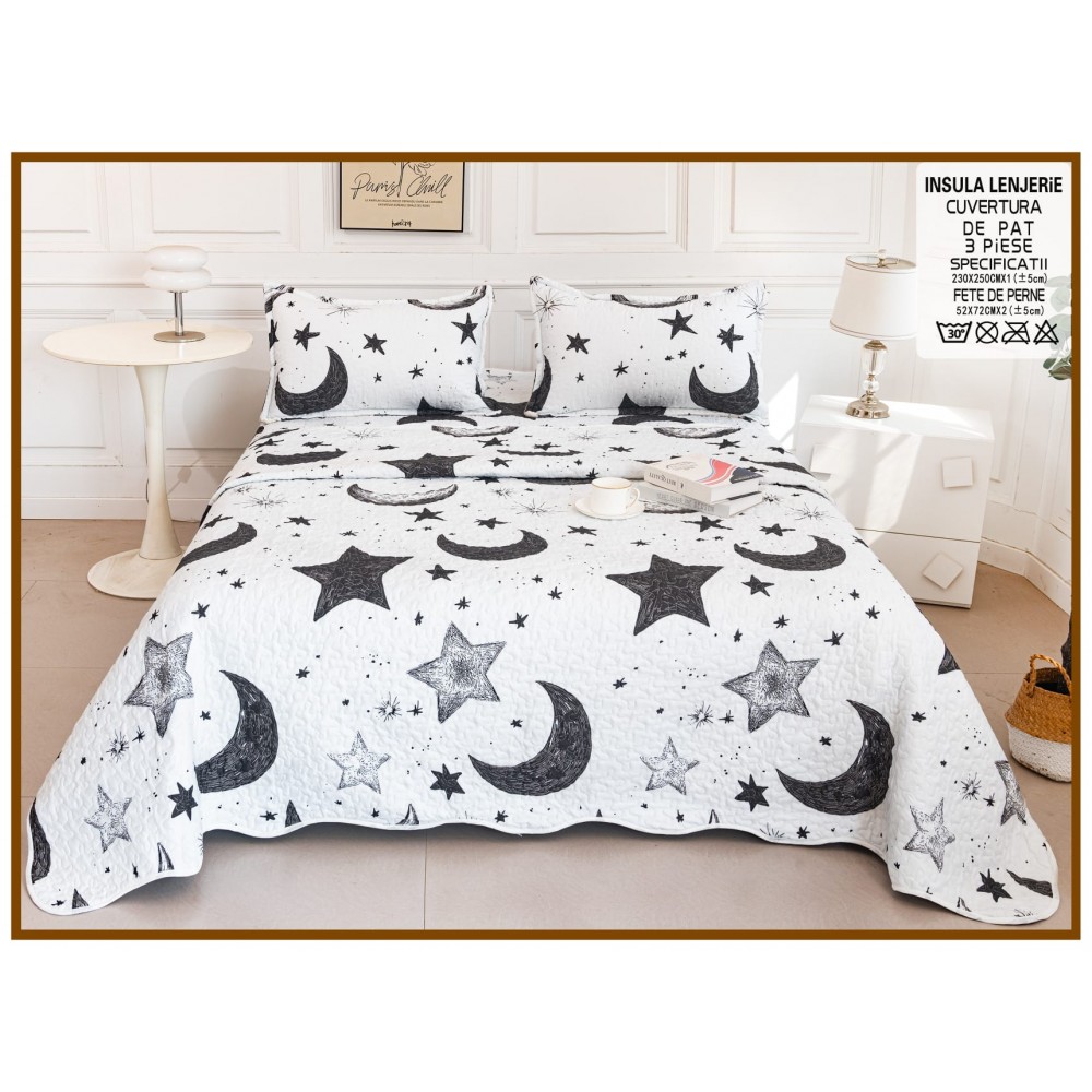 Cuvertura cu DOUĂ FEȚE pentru pat dublu din Bumbac Satinat cu model, Matlasata, 230x250cm, CVT82 Cuverturi matlasate 3 piese