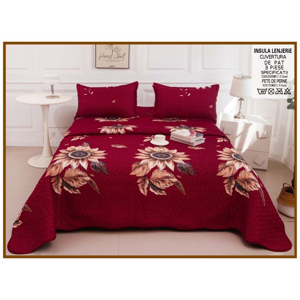 Cuvertura cu DOUĂ FEȚE pentru pat dublu din Bumbac Satinat cu model, Matlasata, 230x250cm, CVT84 Cuverturi matlasate 3 piese