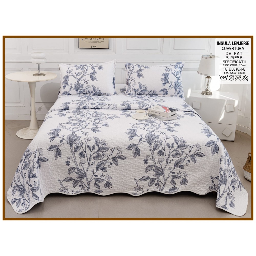 Cuvertura cu DOUĂ FEȚE pentru pat dublu din Bumbac Satinat cu model, Matlasata, 230x250cm, CVT85 Cuverturi matlasate 3 piese