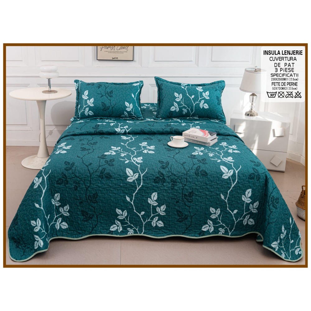 Cuvertura cu DOUĂ FEȚE pentru pat dublu din Bumbac Satinat cu model, Matlasata, 230x250cm, CVT86 Cuverturi matlasate 3 piese
