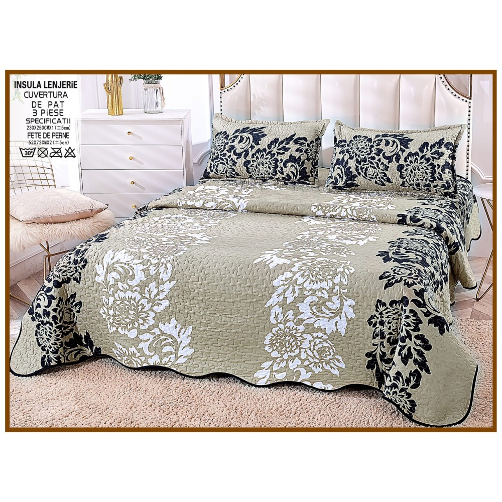 Cuvertura cu DOUĂ FEȚE pentru pat dublu din Bumbac Satinat cu model, Matlasata, 230x250cm, CVT87 Cuverturi matlasate 3 piese