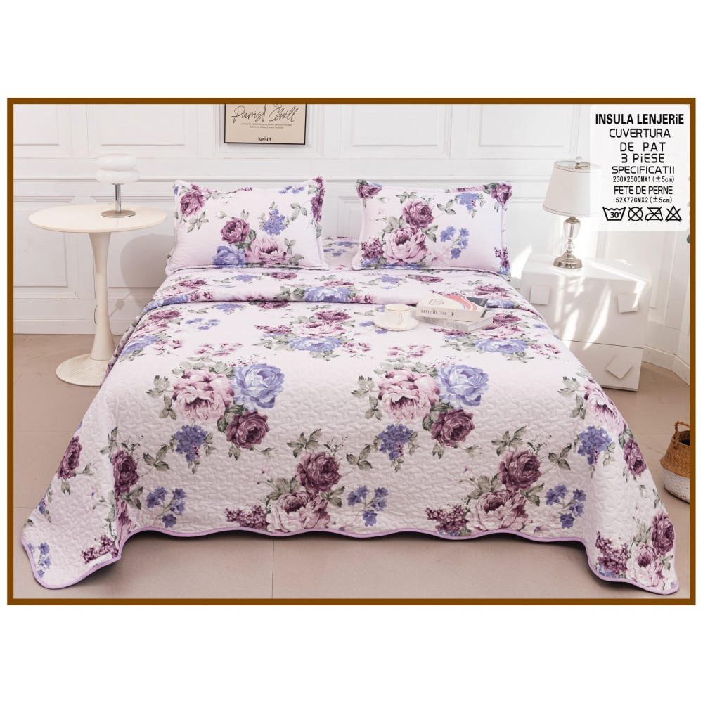 Cuvertura cu DOUĂ FEȚE pentru pat dublu din Bumbac Satinat cu model, Matlasata, 230x250cm, CVT88 Cuverturi matlasate 3 piese