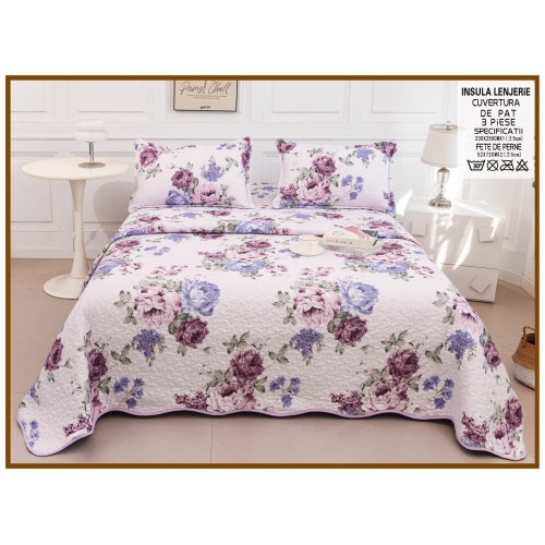 Cuvertura cu DOUĂ FEȚE pentru pat dublu din Bumbac Satinat cu model, Matlasata, 230x250cm, CVT88