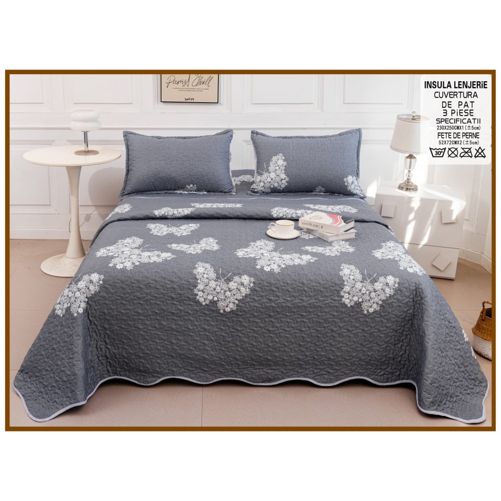Cuvertura cu DOUĂ FEȚE pentru pat dublu din Bumbac Satinat cu model, Matlasata, 230x250cm, CVT89 Cuverturi matlasate 3 piese