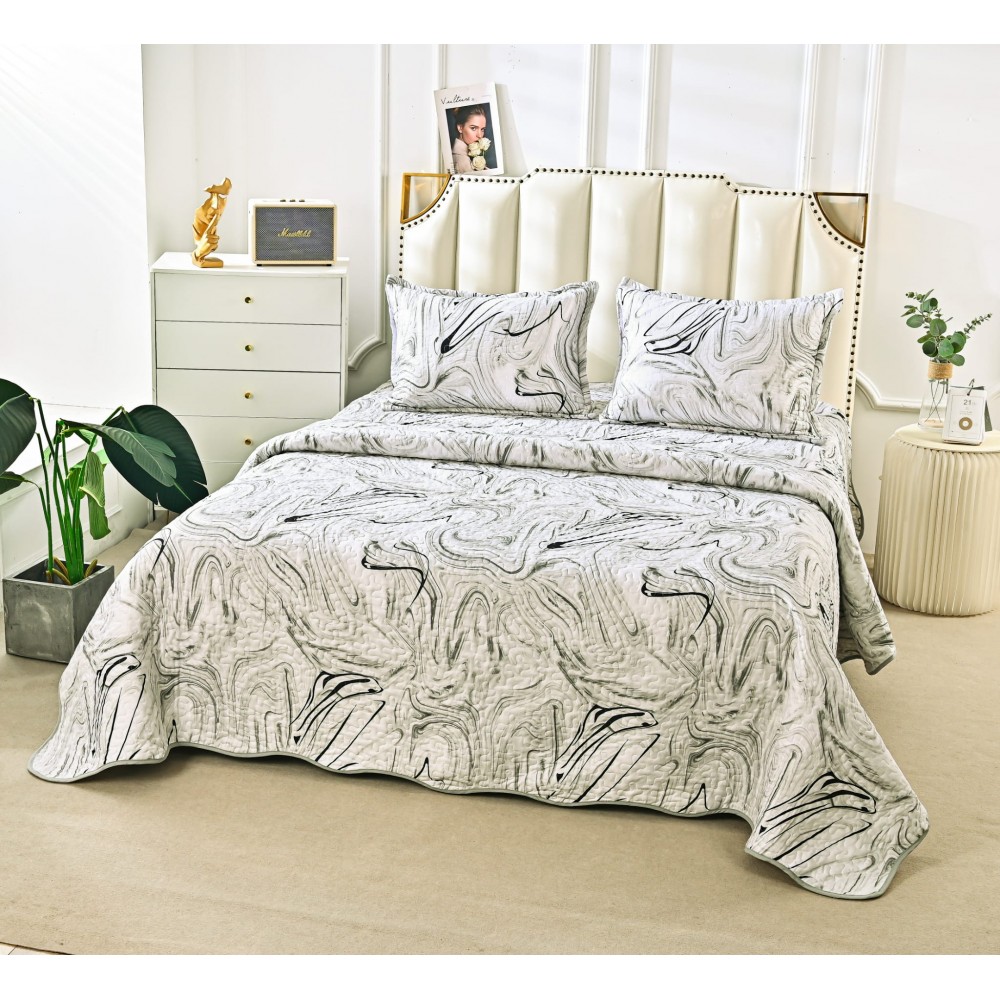 Cuvertura cu DOUĂ FEȚE pentru pat dublu din Bumbac Satinat cu model, Matlasata, 230x250cm, CVT90 Cuverturi matlasate 3 piese