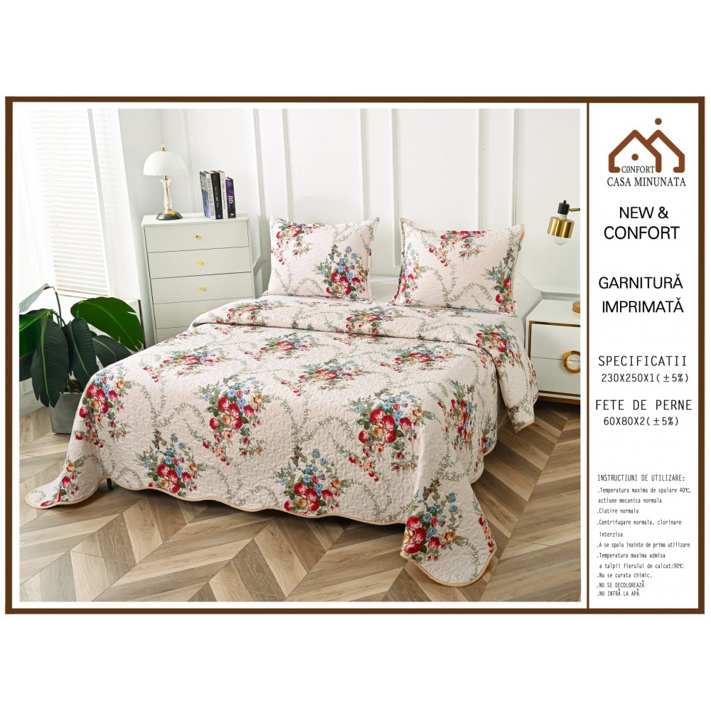 Cuvertura cu DOUĂ FEȚE pentru pat dublu din Bumbac Satinat cu model, Matlasata, 230x250cm, CVT92 Cuverturi matlasate 3 piese