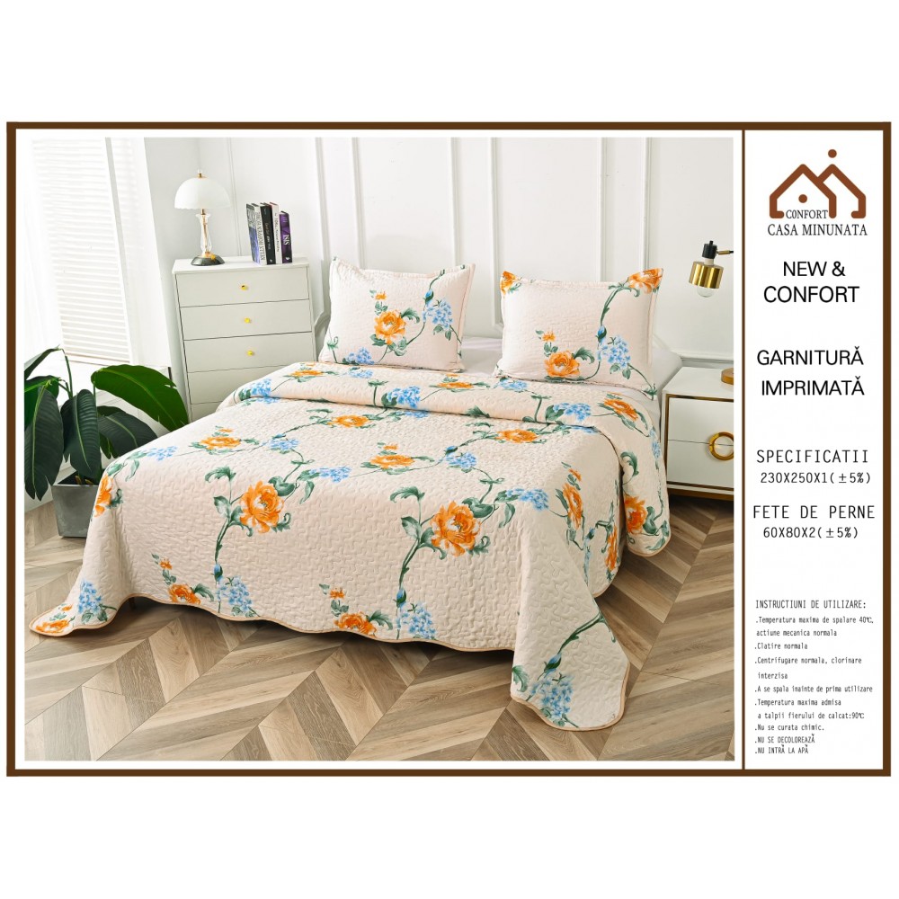 Cuvertura cu DOUĂ FEȚE pentru pat dublu din Bumbac Satinat cu model, Matlasata, 230x250cm, CVT93 Cuverturi matlasate 3 piese
