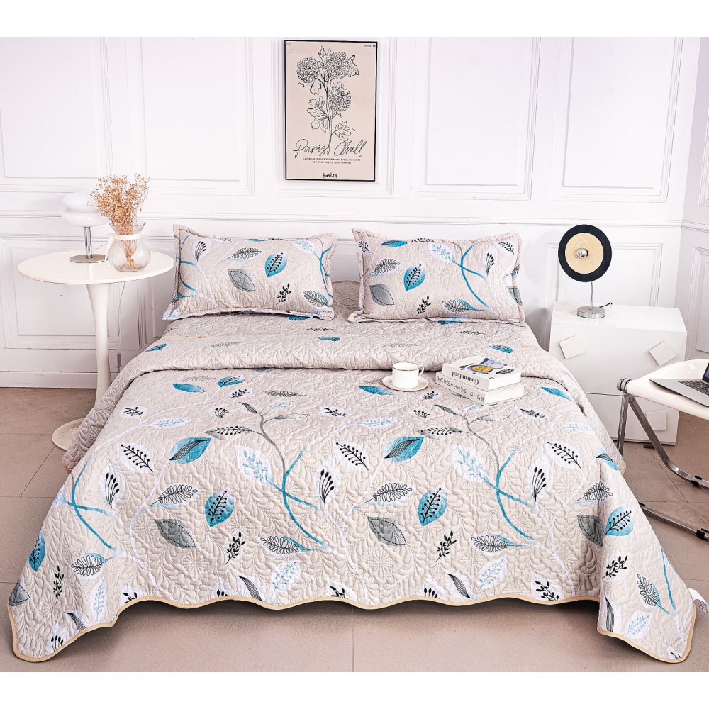 Cuvertura cu DOUĂ FEȚE pentru pat dublu din Bumbac Satinat cu model, Matlasata, 230x250cm, CVT94 Cuverturi matlasate 3 piese