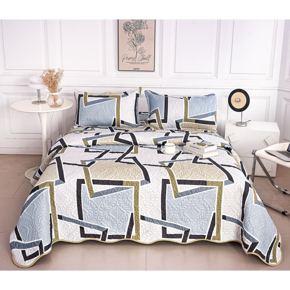 Cuvertura cu DOUĂ FEȚE pentru pat dublu din Bumbac Satinat cu model, Matlasata, 230x250cm, CVT95 Cuverturi matlasate 3 piese