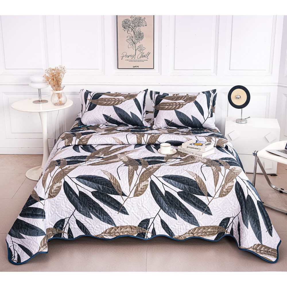 Cuvertura cu DOUĂ FEȚE pentru pat dublu din Bumbac Satinat cu model, Matlasata, 230x250cm, CVT96 Cuverturi matlasate 3 piese