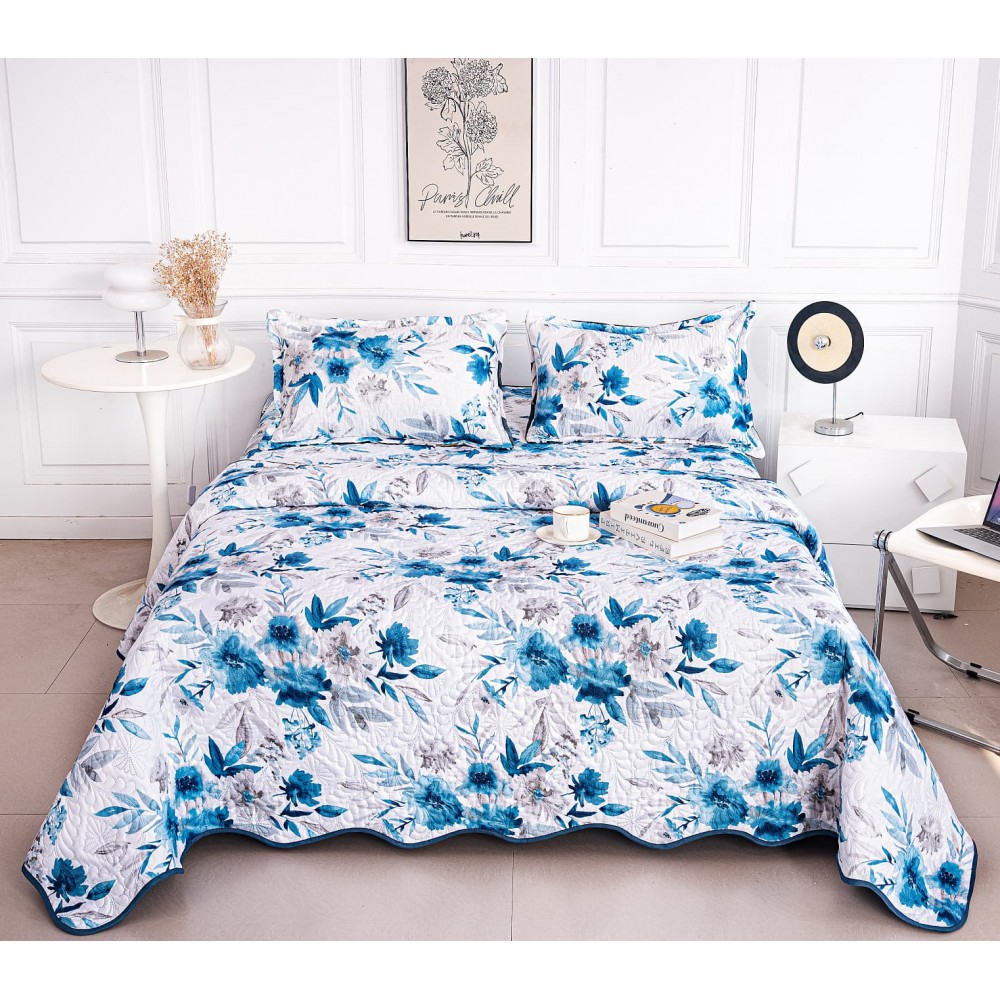 Cuvertura cu DOUĂ FEȚE pentru pat dublu din Bumbac Satinat cu model, Matlasata, 230x250cm, CVT97 Cuverturi matlasate 3 piese