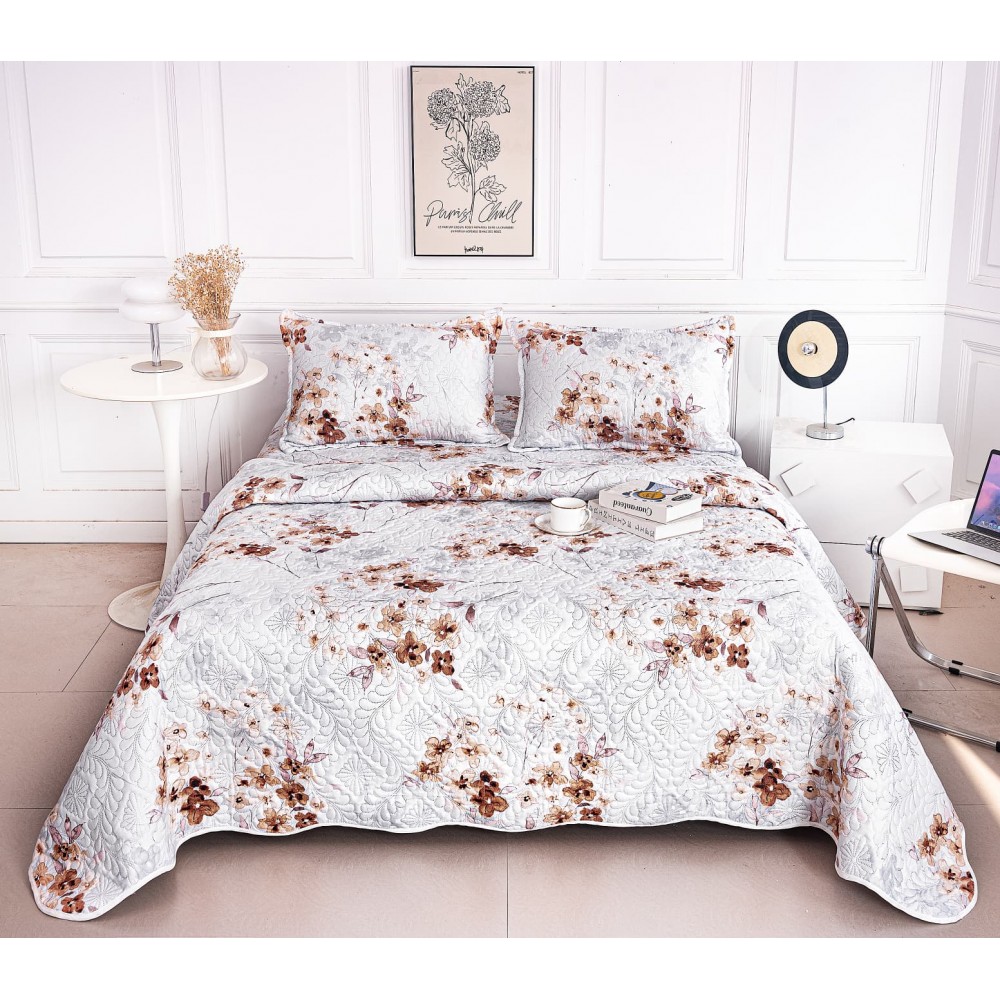 Cuvertura cu DOUĂ FEȚE pentru pat dublu din Bumbac Satinat cu model, Matlasata, 230x250cm, CVT98 Cuverturi matlasate 3 piese