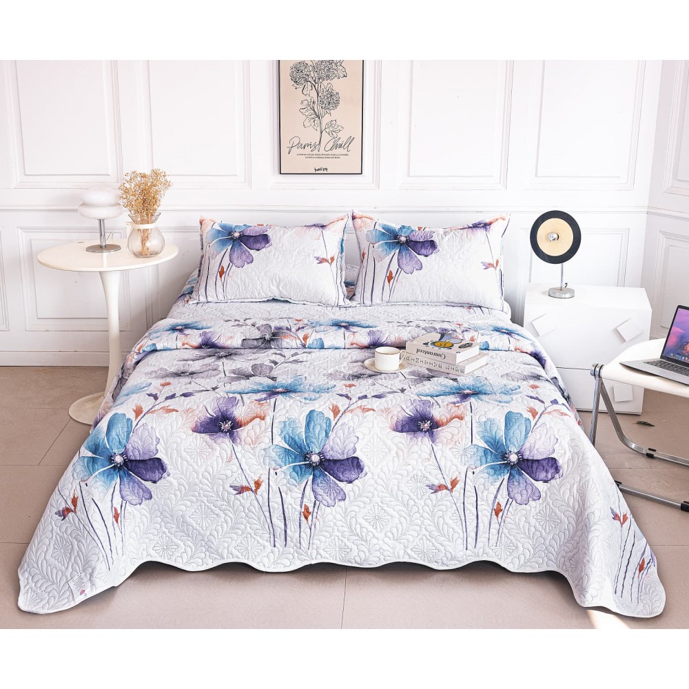 Cuvertura cu DOUĂ FEȚE pentru pat dublu din Bumbac Satinat cu model, Matlasata, 230x250cm, CVT100 Cuverturi matlasate 3 piese