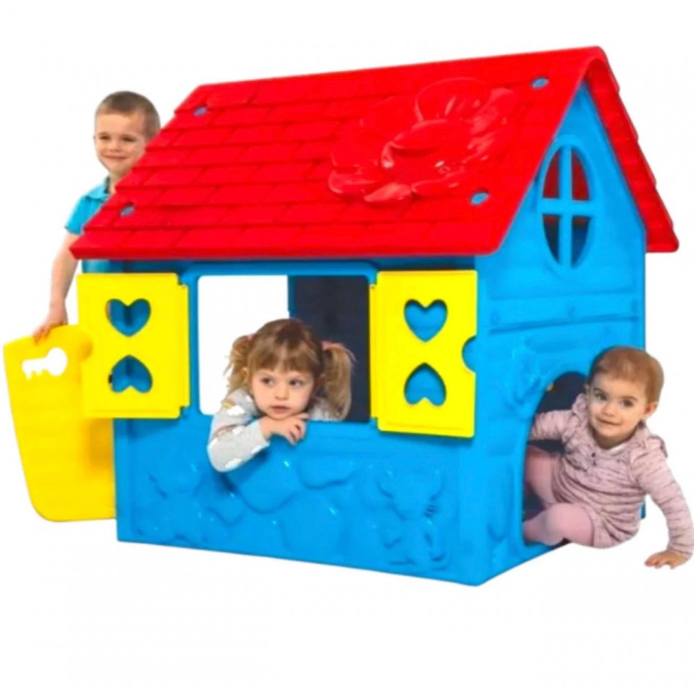 Casuta Mic copii plastic Albastra cu acoperis rosu 98 x 90 x 106 cm, LOJ-06
