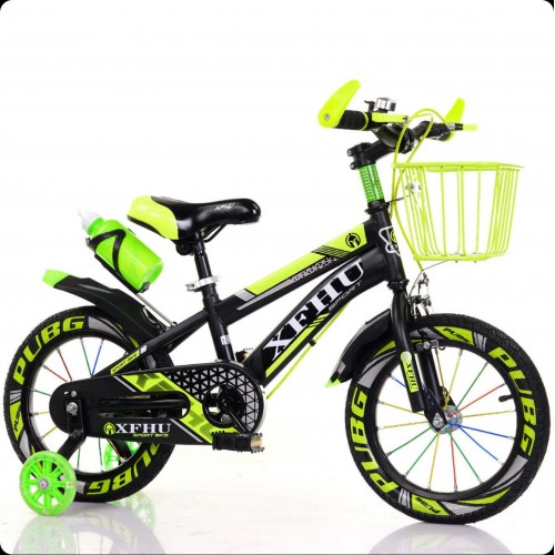 Bicicleta copii 3-5 ani cu roti ajutatoare si bidon pentru apa in suport JHT, 12 inch, Galben