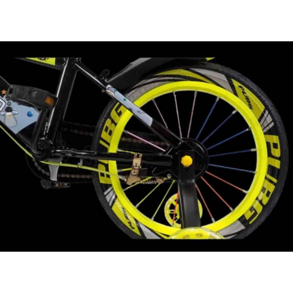 Bicicleta copii 7-10 ani cu roti ajutatoare si bidon pentru apa in suport JHT, 18 inch, Galben