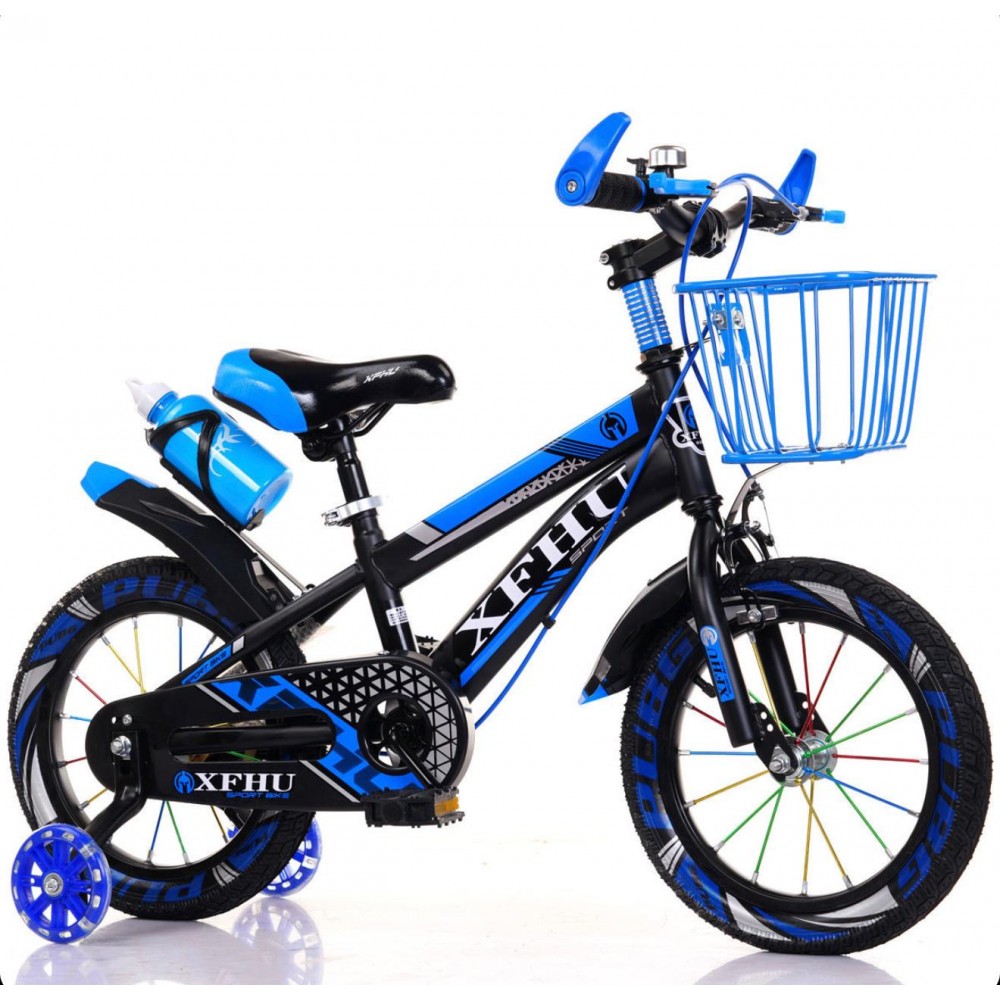 Bicicleta copii 5-7 ani cu roti ajutatoare si bidon pentru apa in suport JHT, 16 inch, albastru