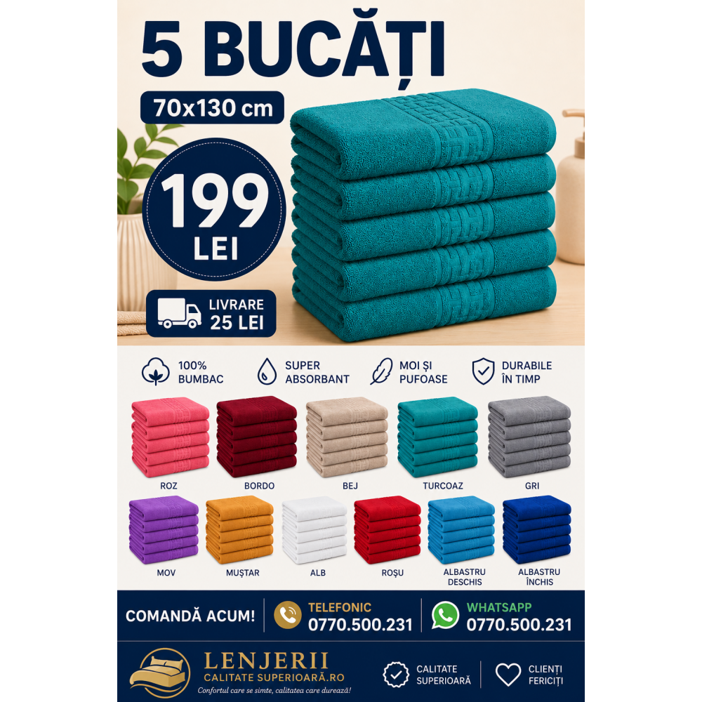 Set 5 Prosoape 70x130 cm Bumbac Premium - Groase, Moi si Absorbante SPROS2 PROSOAPE
