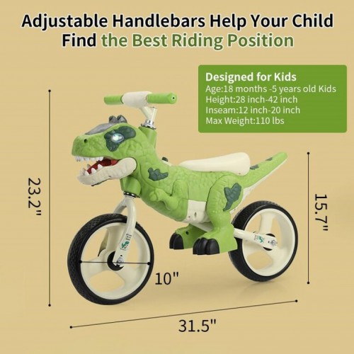 Bicicleta de echilibru copii Verde Dinozaur cu Lumini si Sunete BFPD2