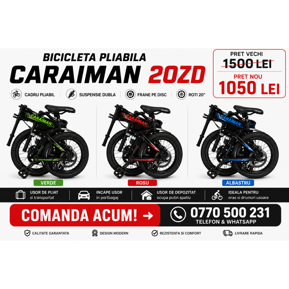 Bicicletă Caraiman, 20ZD, pliabilă, roți 20 inch, cu dublă suspensie, frâne pe disc, verde 20ZD1