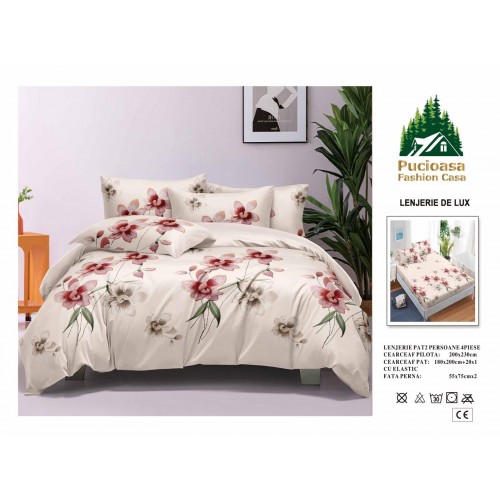 Lenjerie de Pat 2 Persoane 4 Piese cu Elastic – Model Modern, CEARCEAF CU ELASTIC 180X200,LTY9