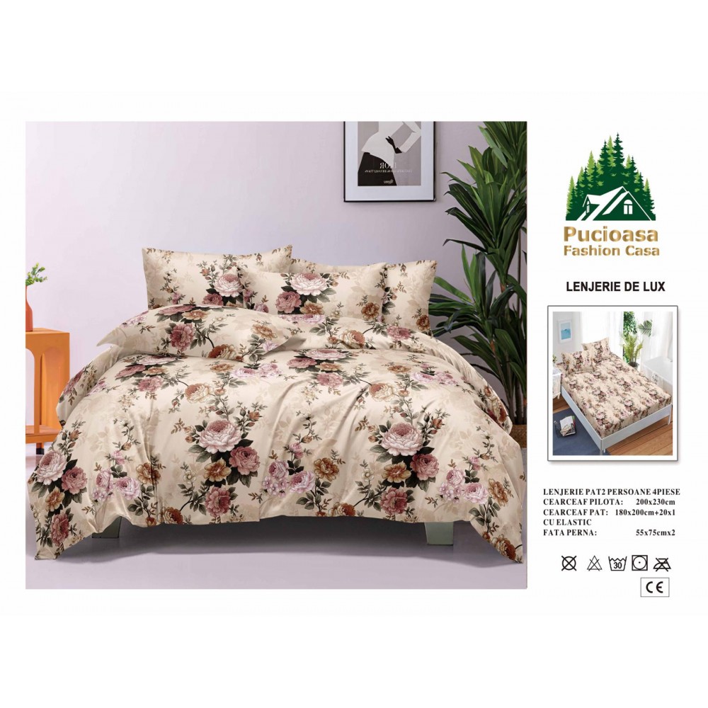 Lenjerie de Pat 2 Persoane 4 Piese cu Elastic – Model Modern, CEARCEAF CU ELASTIC 180X200,LTY26 Oferta Trio - ORICARE 3 MODELE 199 LEI