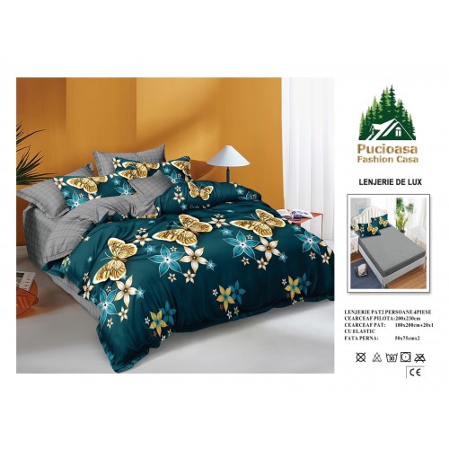 Lenjerie de Pat 2 Persoane 4 Piese cu Elastic – Model Modern, CEARCEAF CU ELASTIC 180X200,LTY34