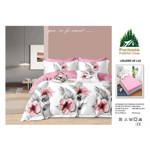 Lenjerie de Pat 2 Persoane 4 Piese cu Elastic – Model Modern, CEARCEAF CU ELASTIC 180X200,LTY35