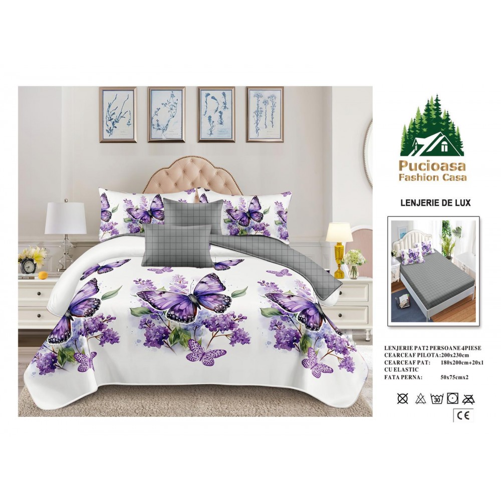 Lenjerie de Pat 2 Persoane 4 Piese cu Elastic – Model Modern, CEARCEAF CU ELASTIC 180X200,LTY36 Oferta Trio - ORICARE 3 MODELE 199 LEI