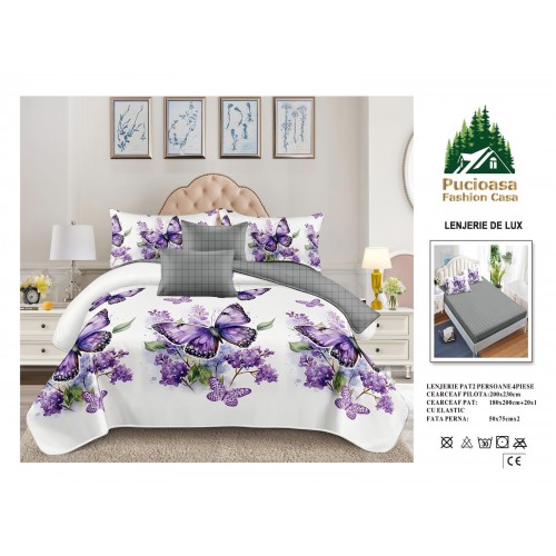 Lenjerie de Pat 2 Persoane 4 Piese cu Elastic – Model Modern, CEARCEAF CU ELASTIC 180X200,LTY36