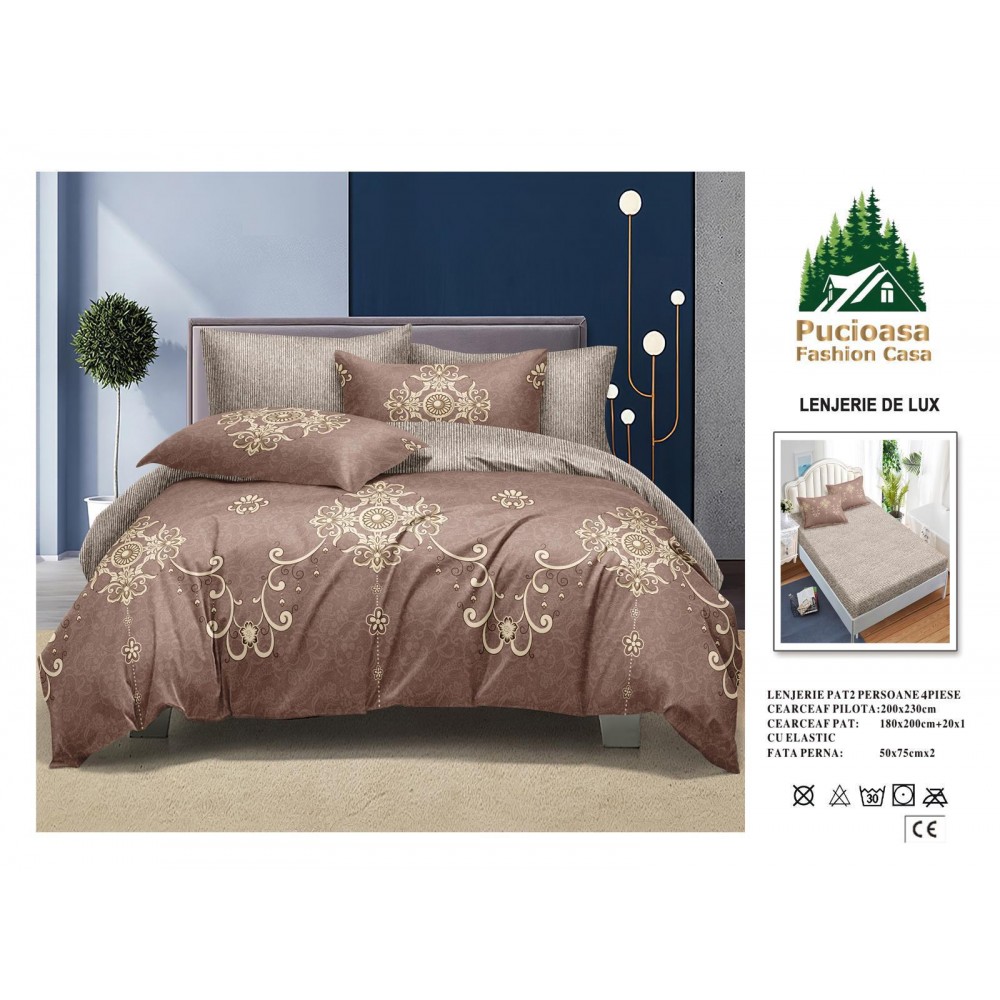 Lenjerie de Pat 2 Persoane 4 Piese cu Elastic – Model Modern, CEARCEAF CU ELASTIC 180X200,LTY37 Oferta Trio - ORICARE 3 MODELE 199 LEI