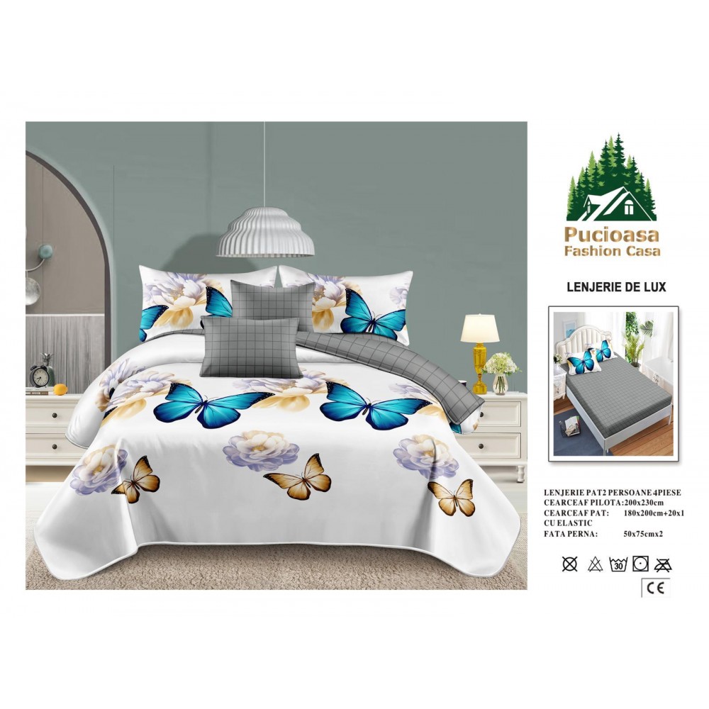 Lenjerie de Pat 2 Persoane 4 Piese cu Elastic – Model Modern, CEARCEAF CU ELASTIC 180X200,LTY46 Oferta Trio - ORICARE 3 MODELE 199 LEI