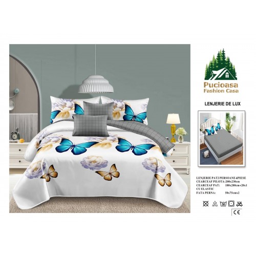 Lenjerie de Pat 2 Persoane 4 Piese cu Elastic – Model Modern, CEARCEAF CU ELASTIC 180X200,LTY46