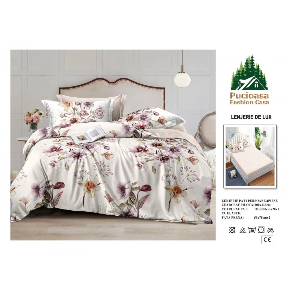 Lenjerie de Pat 2 Persoane 4 Piese cu Elastic – Model Modern, CEARCEAF CU ELASTIC 180X200,LTY48 Oferta Trio - ORICARE 3 MODELE 199 LEI