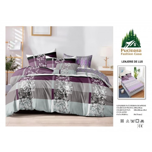 Lenjerie de Pat 2 Persoane 4 Piese cu Elastic – Model Modern, CEARCEAF CU ELASTIC 180X200,LTY49