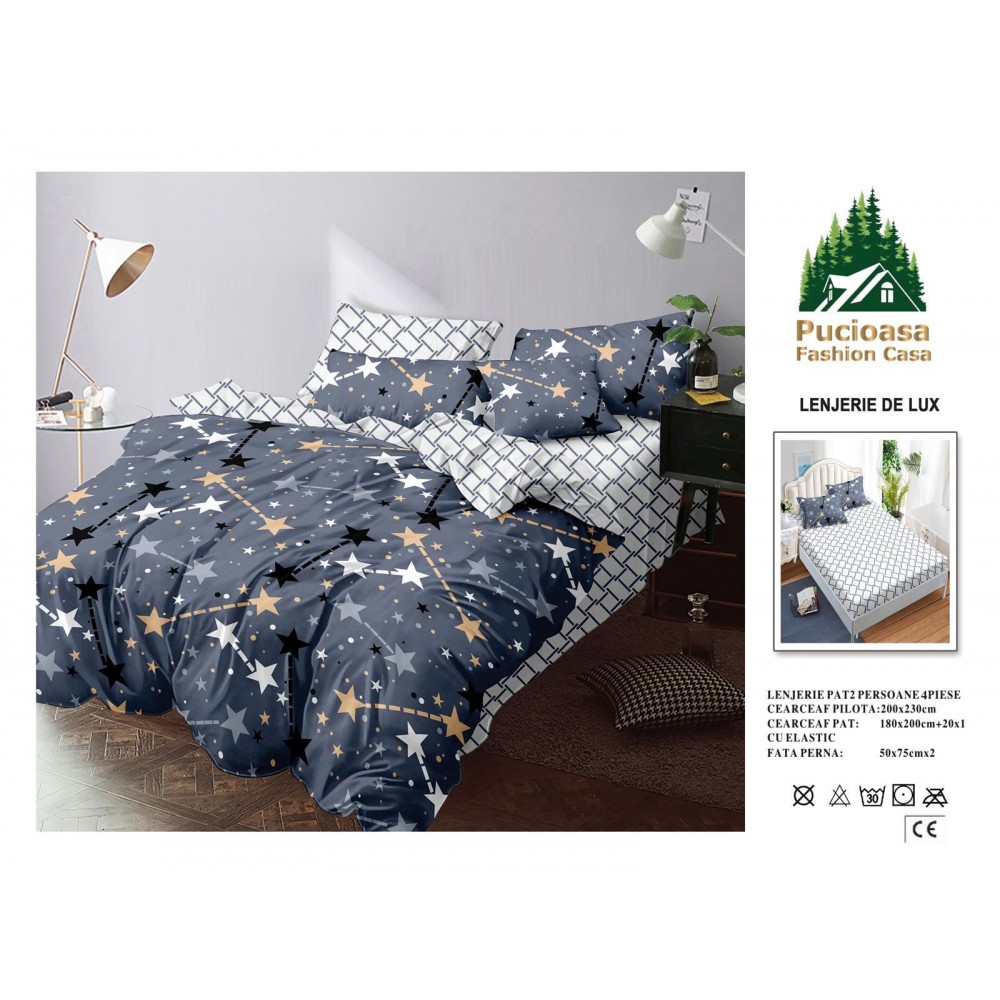 Lenjerie de Pat 2 Persoane 4 Piese cu Elastic – Model Modern, CEARCEAF CU ELASTIC 180X200,LTY50 Oferta Trio - ORICARE 3 MODELE 199 LEI