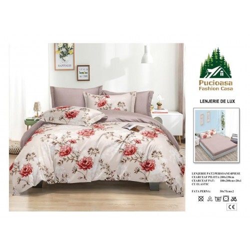 Lenjerie de Pat 2 Persoane 4 Piese cu Elastic – Model Modern, CEARCEAF CU ELASTIC 180X200,LTY52