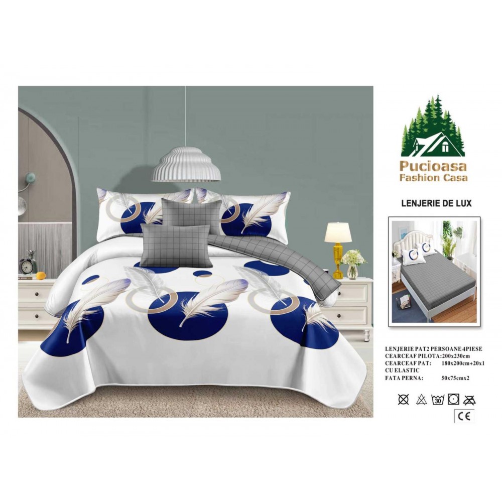 Lenjerie de Pat 2 Persoane 4 Piese cu Elastic – Model Modern, CEARCEAF CU ELASTIC 180X200,LTY54 Oferta Trio - ORICARE 3 MODELE 199 LEI