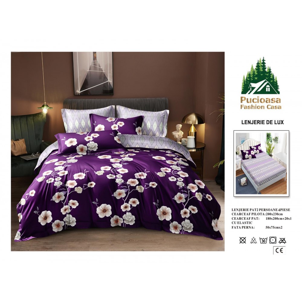 Lenjerie de Pat 2 Persoane 4 Piese cu Elastic – Model Modern, CEARCEAF CU ELASTIC 180X200,LTY56 Oferta Trio - ORICARE 3 MODELE 199 LEI