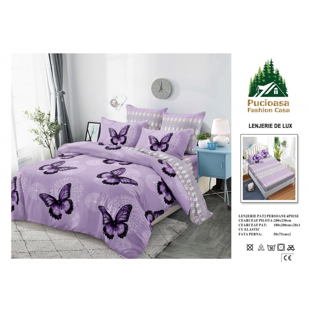 Lenjerie de Pat 2 Persoane 4 Piese cu Elastic – Model Modern, CEARCEAF CU ELASTIC 180X200,LTY57 Oferta Trio - ORICARE 3 MODELE 199 LEI