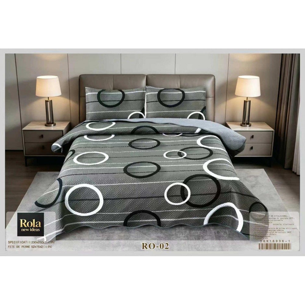 Cuvertura  pentru pat dublu din Bumbac  cu model, Matlasat, 230x250cm, CVCFT RO-02 Cuverturi matlasate 3 piese