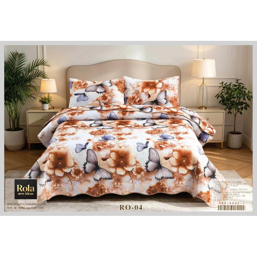 Cuvertura  pentru pat dublu din Bumbac  cu model, Matlasat, 230x250cm, CVCFT RO-04 Cuverturi matlasate 3 piese