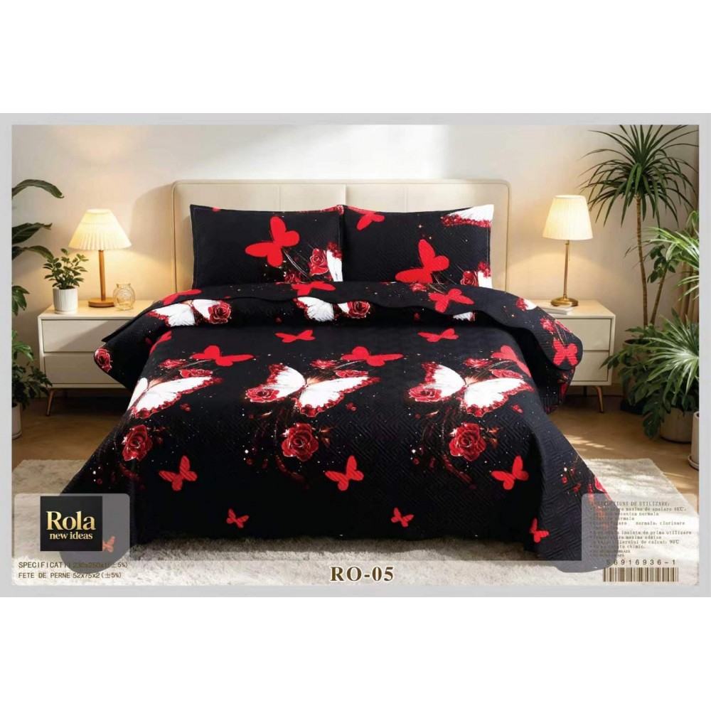 Cuvertura  pentru pat dublu din Bumbac  cu model, Matlasat, 230x250cm, CVCFT RO-05 Cuverturi matlasate 3 piese