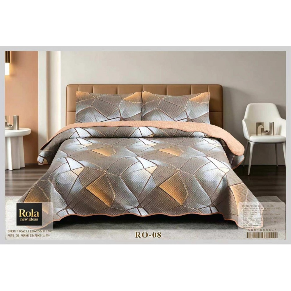 Cuvertura  pentru pat dublu din Bumbac  cu model, Matlasat, 230x250cm, CVCFT RO-08 Cuverturi matlasate 3 piese