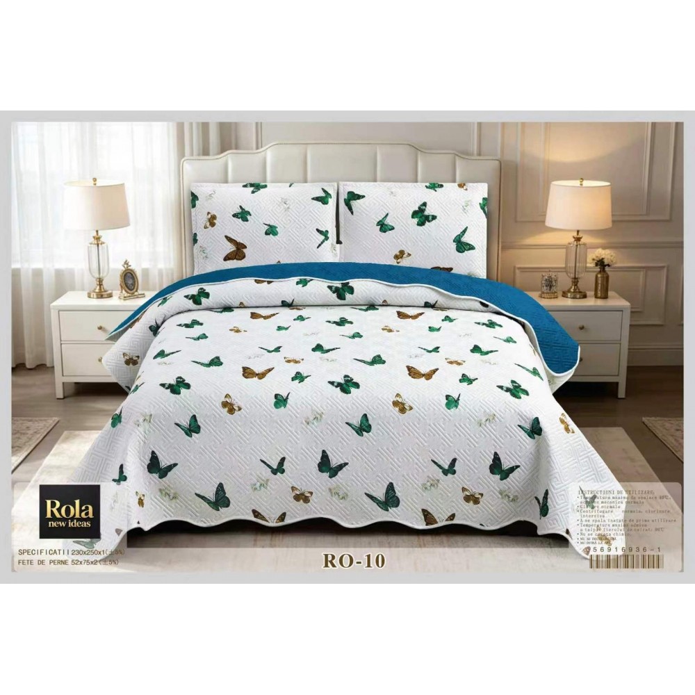Cuvertura  pentru pat dublu din Bumbac  cu model, Matlasat, 230x250cm, CVCFT RO-10 Cuverturi matlasate 3 piese