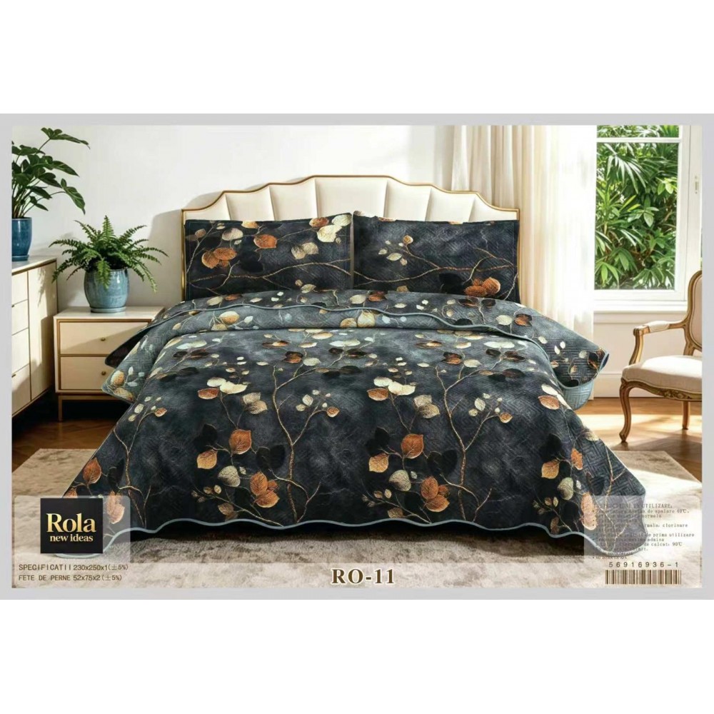 Cuvertura  pentru pat dublu din Bumbac  cu model, Matlasat, 230x250cm, CVCFT RO-11 Cuverturi matlasate 3 piese