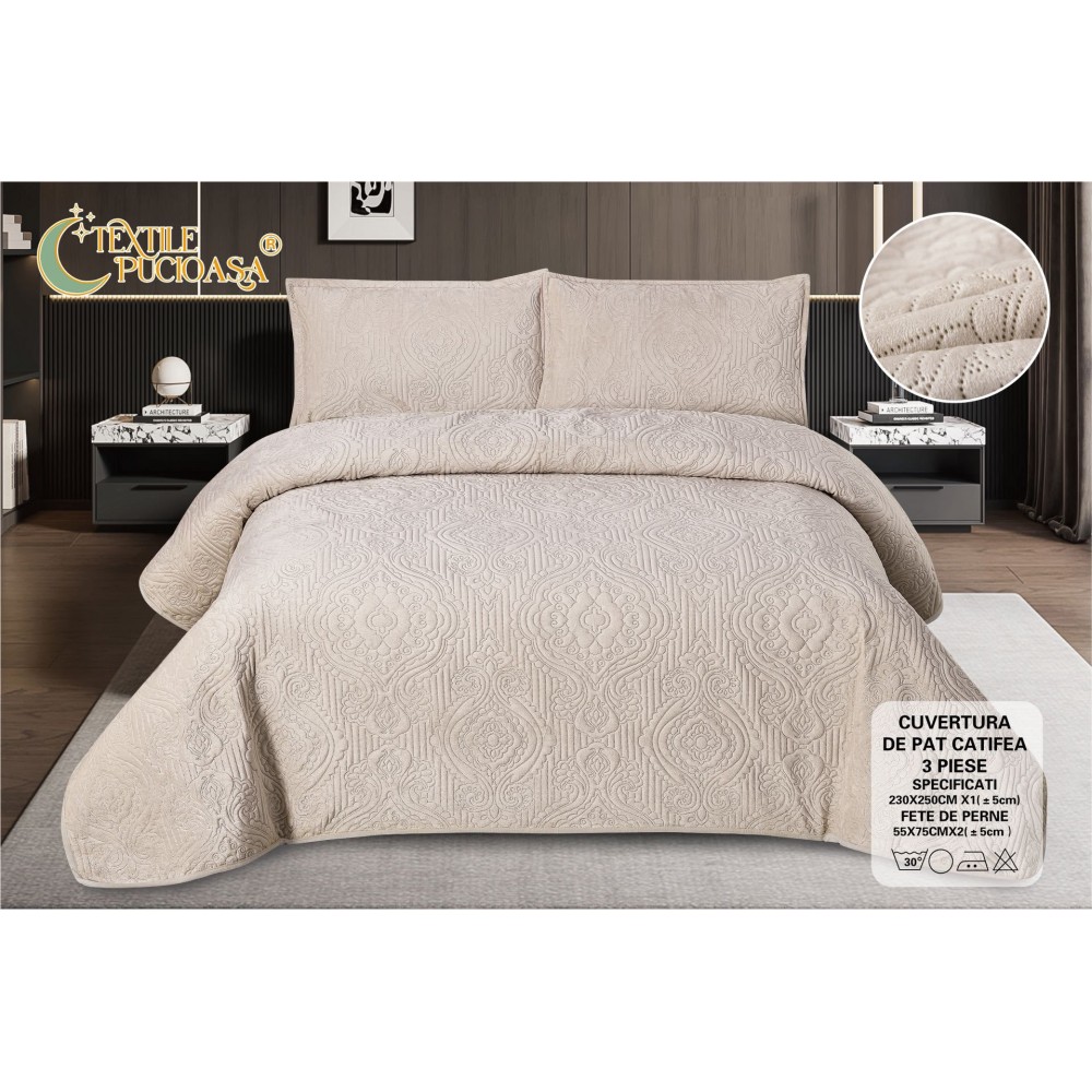 Set 3 Cuvertura dubla de lux din Catifea, Cuvertura de 230x250 cm, Cu 2 fete de perna 55 x 75cm, CVCP1 Cuverturi catifea